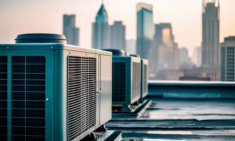 Rooftop air-handling units on an office building above a city skyline.