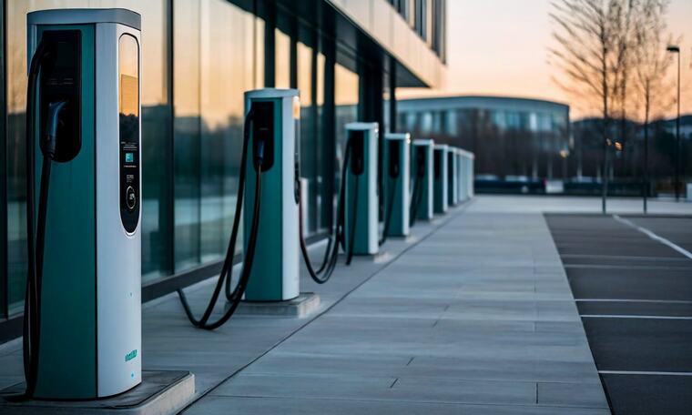 A row of EV fast-charging pedestals outside an office building at dusk.