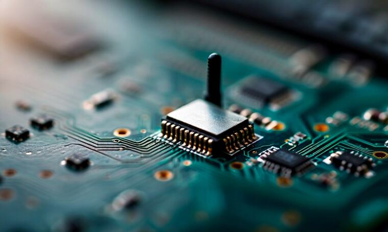 Macro view of an IoT module and its antenna on a circuit board.
