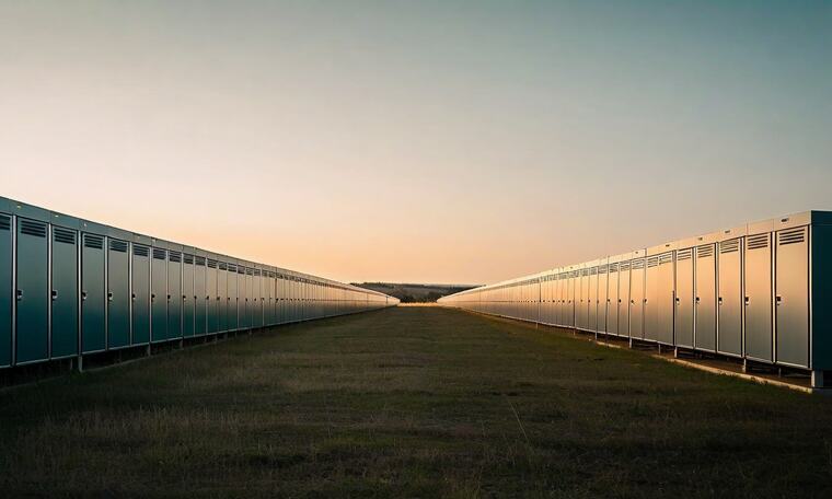 A long row of grid battery storage cabinets in an open field at dusk.