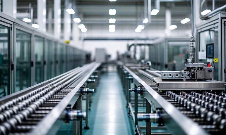 An empty stainless-steel production line under factory lighting.