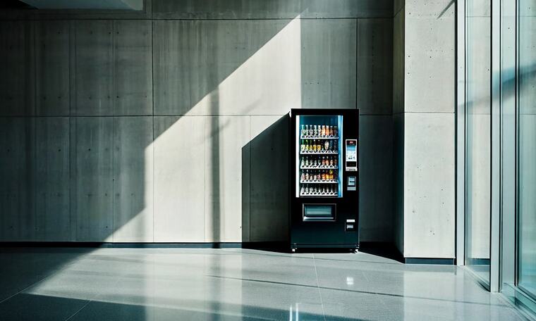 A vending machine standing alone in a bright concrete lobby.